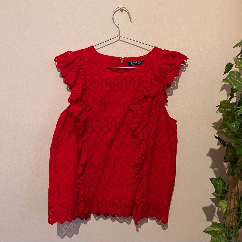 Lauren Ralph Lauren Red Sleeveless Eyelet Blouse with Ruffles - Petite Large